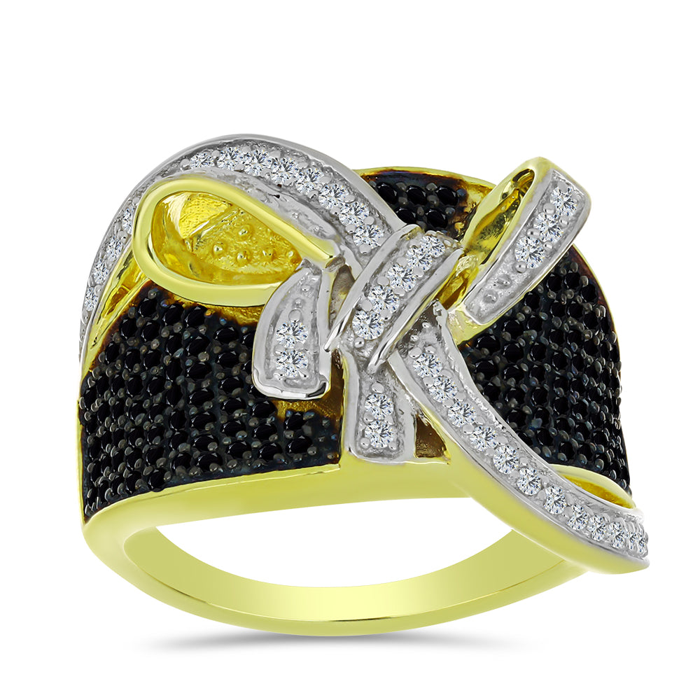 Anillo de Plata Bañada en Oro con Espinela Negra y Topacio Blanco