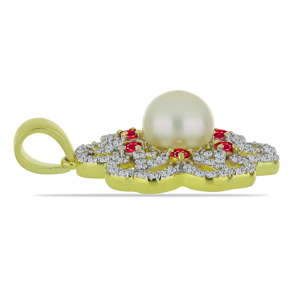 Colgante de Plata Bañada en Oro con Perla de Agua Dulce y Rubí de Madagascar