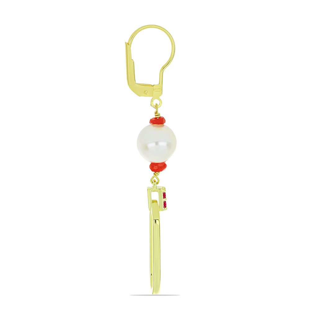 Conjunto de Plata Bañada en Oro con Perla de Agua Dulce y Rubí de Madagascar ( Collar +Pendientes +Pulsera )