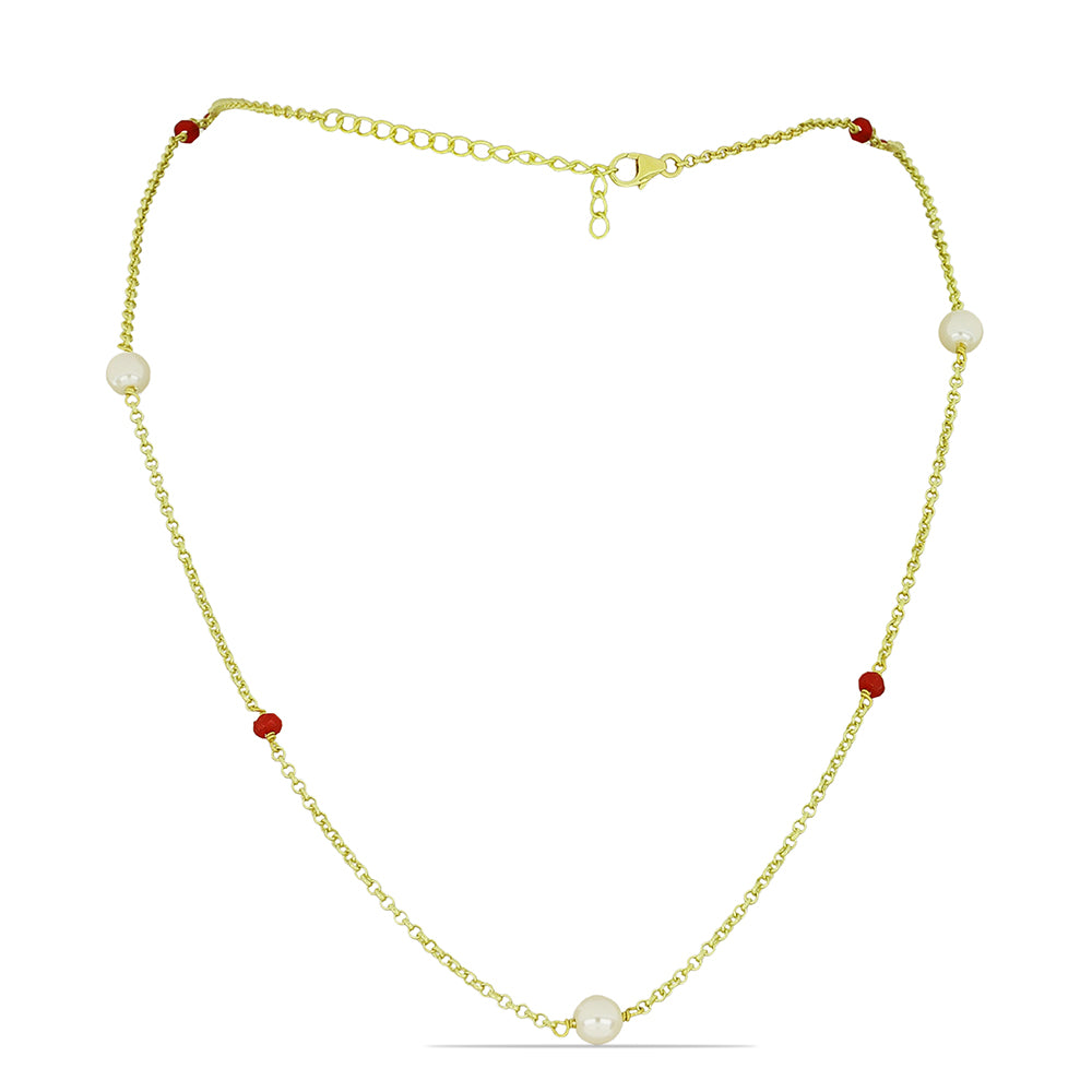 Collar de Plata Bañada en Oro con Perla de Agua Dulce y Rubí de Madagascar