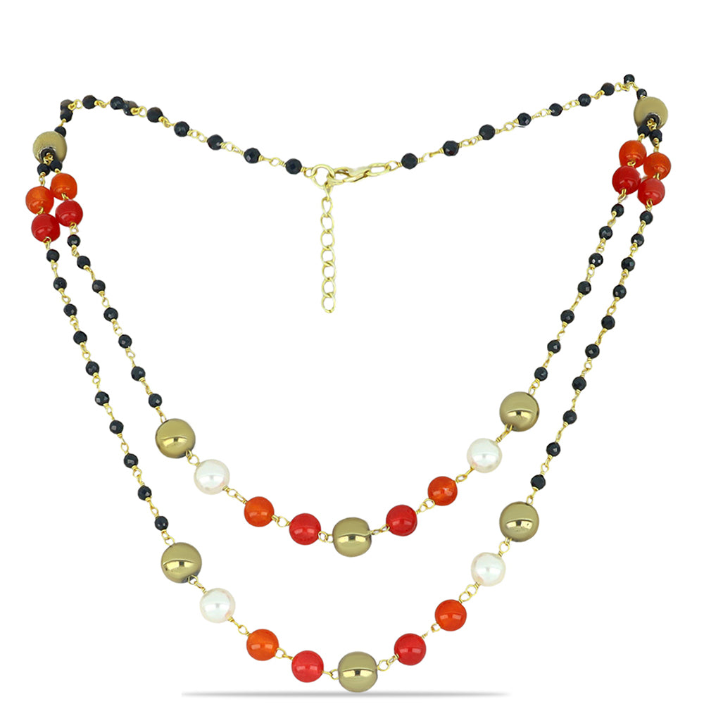 Collar de Plata Bañada en Oro con Obsidiana y Perla de Agua Dulce