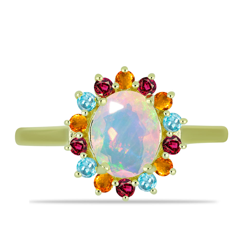 Anillo de Plata Bañada en Oro con Ópalo Welo y Chakra Turmalina