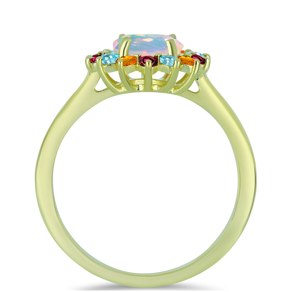 Anillo de Plata Bañada en Oro con Ópalo Welo y Chakra Turmalina