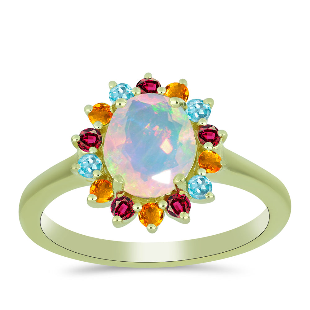 Anillo de Plata Bañada en Oro con Ópalo Welo y Chakra Turmalina