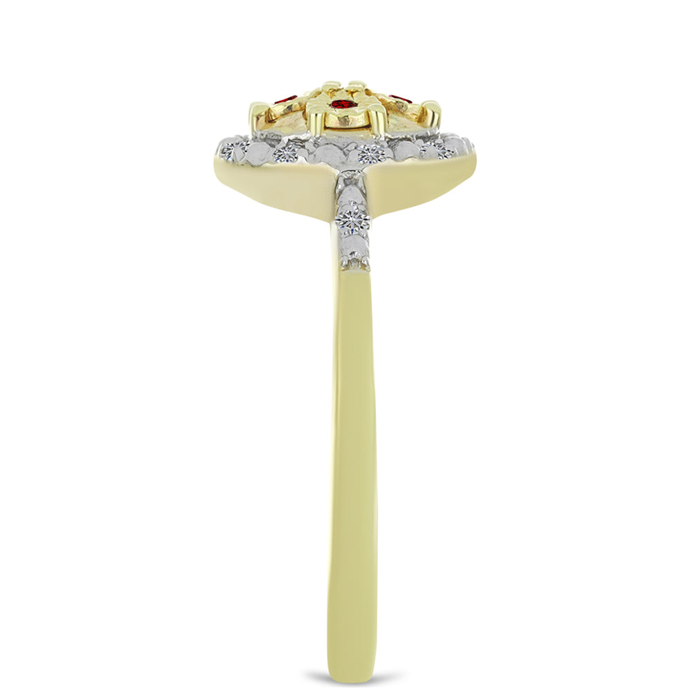 Anillo de Plata Bañada en Oro con Diamante Rojo y Diamante blanco