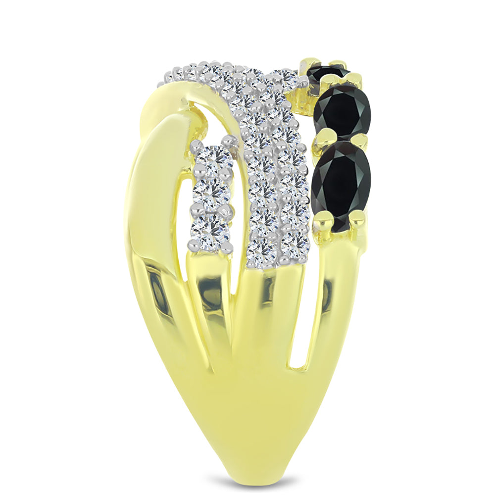 Anillo de Plata Bañada en Oro con Obsidiana y Topacio Blanco