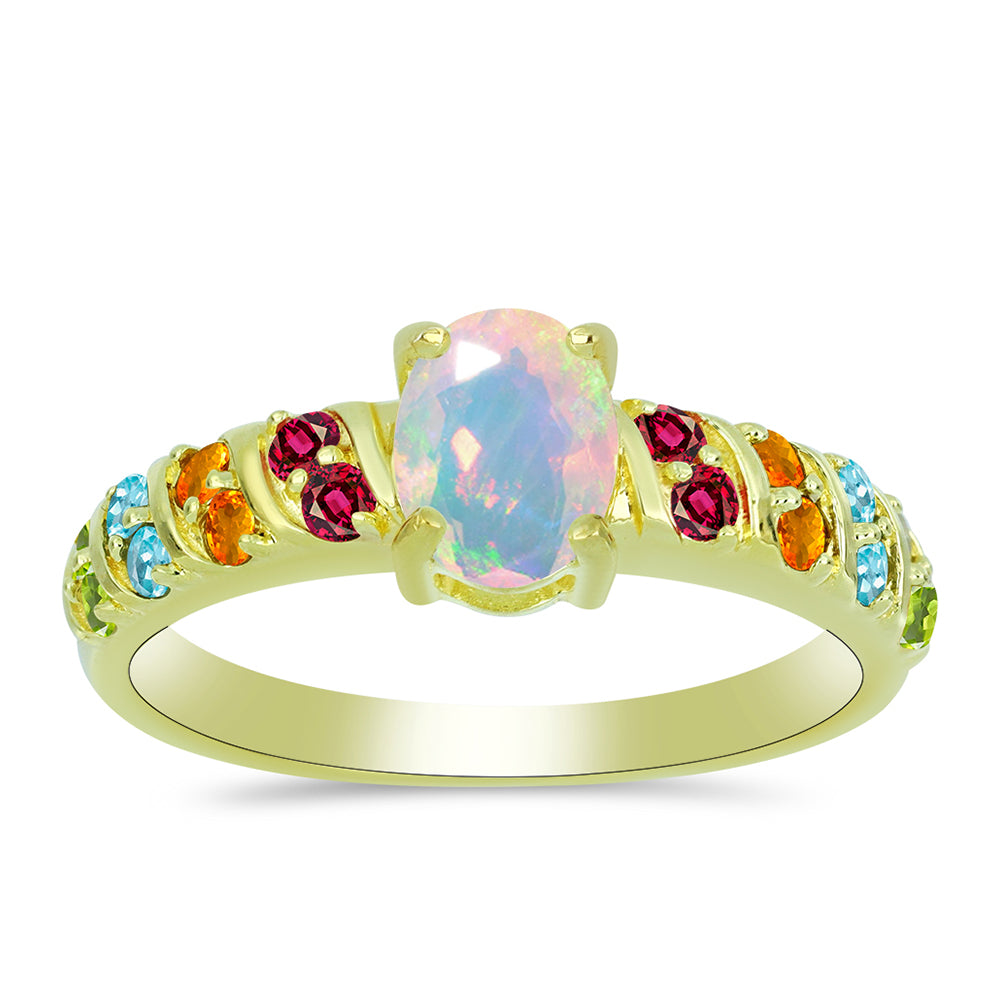 Anillo de Plata Bañada en Oro con Ópalo Welo y Chakra Turmalina