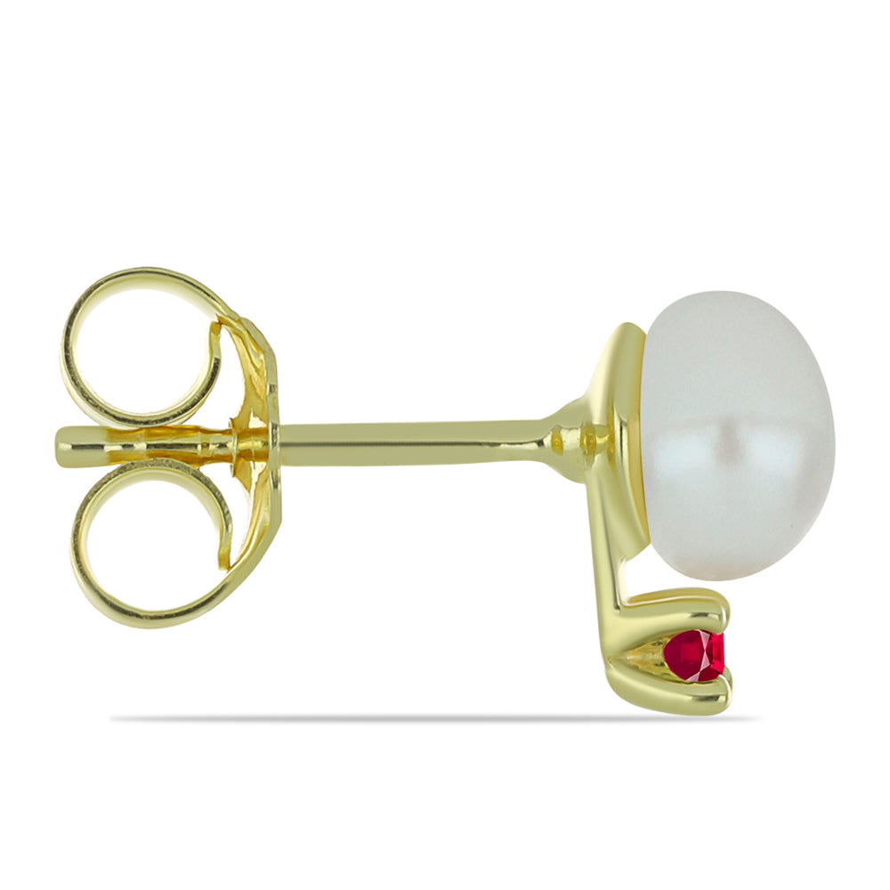 Conjunto de Plata Bañada en Oro con Perla de Agua Dulce y Rubí de Madagascar ( Collar +Pendientes )