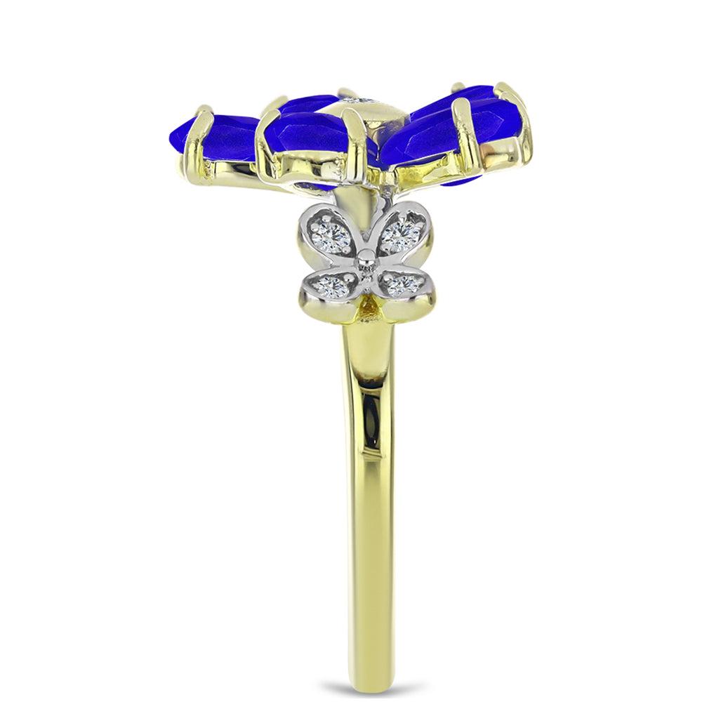 Anillo de Plata Bañada en Oro con Ágata azul y Topacio Blanco