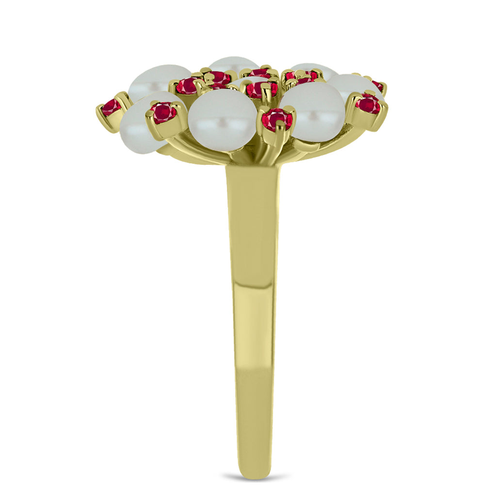 Anillo de Plata Bañada en Oro con Perla de Agua Dulce y Rubí de Madagascar