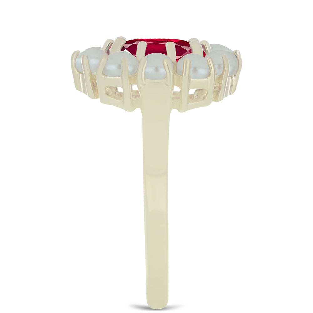 Anillo de Plata Bañada en Oro con Perla de Agua Dulce y Rubí de Madagascar