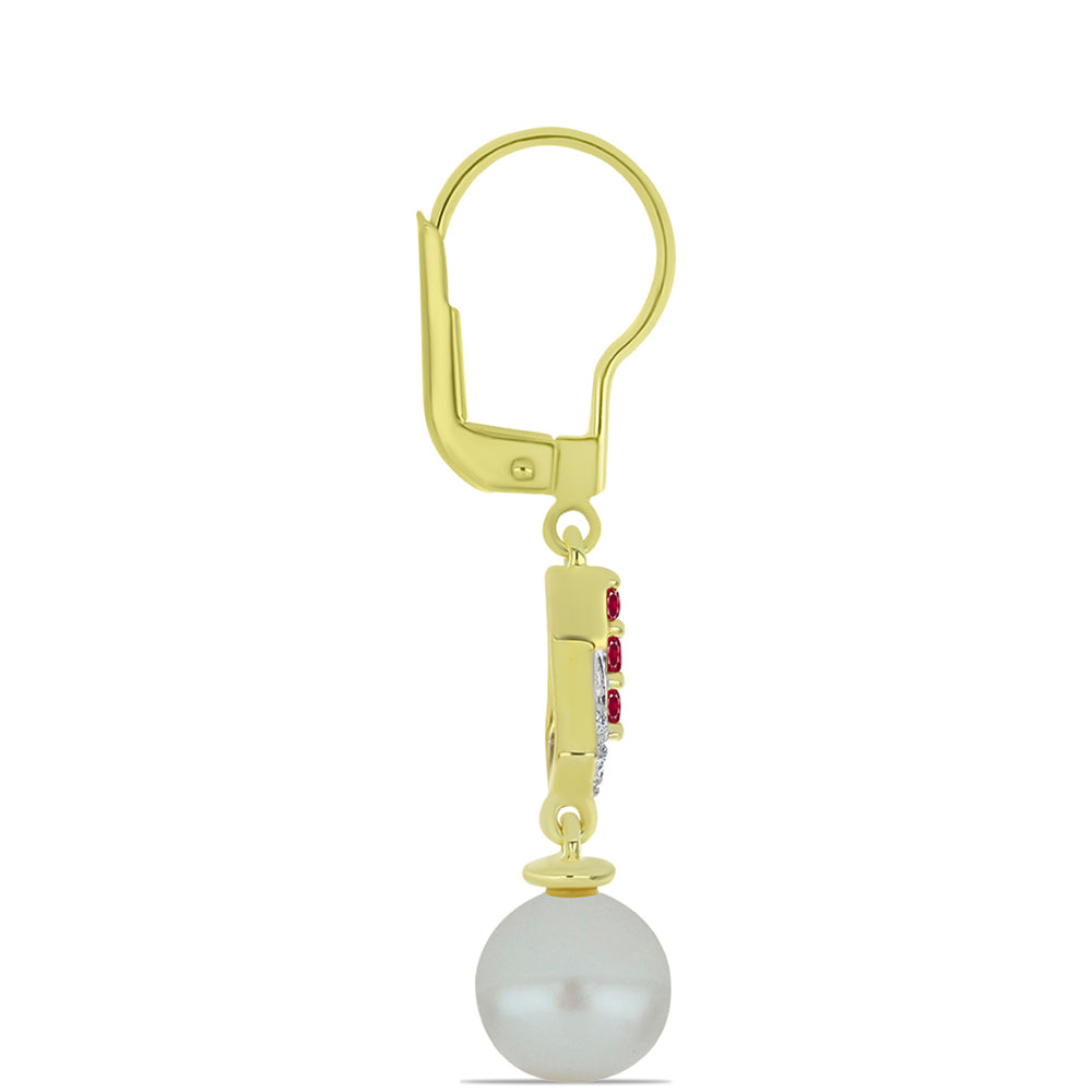 Pendientes de Plata Bañada en Oro con Perla de Agua Dulce y Rubí de Madagascar