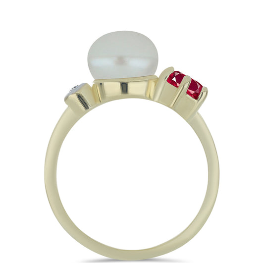 Anillo de Plata Bañada en Oro con Perla de Agua Dulce y Rubí de Madagascar