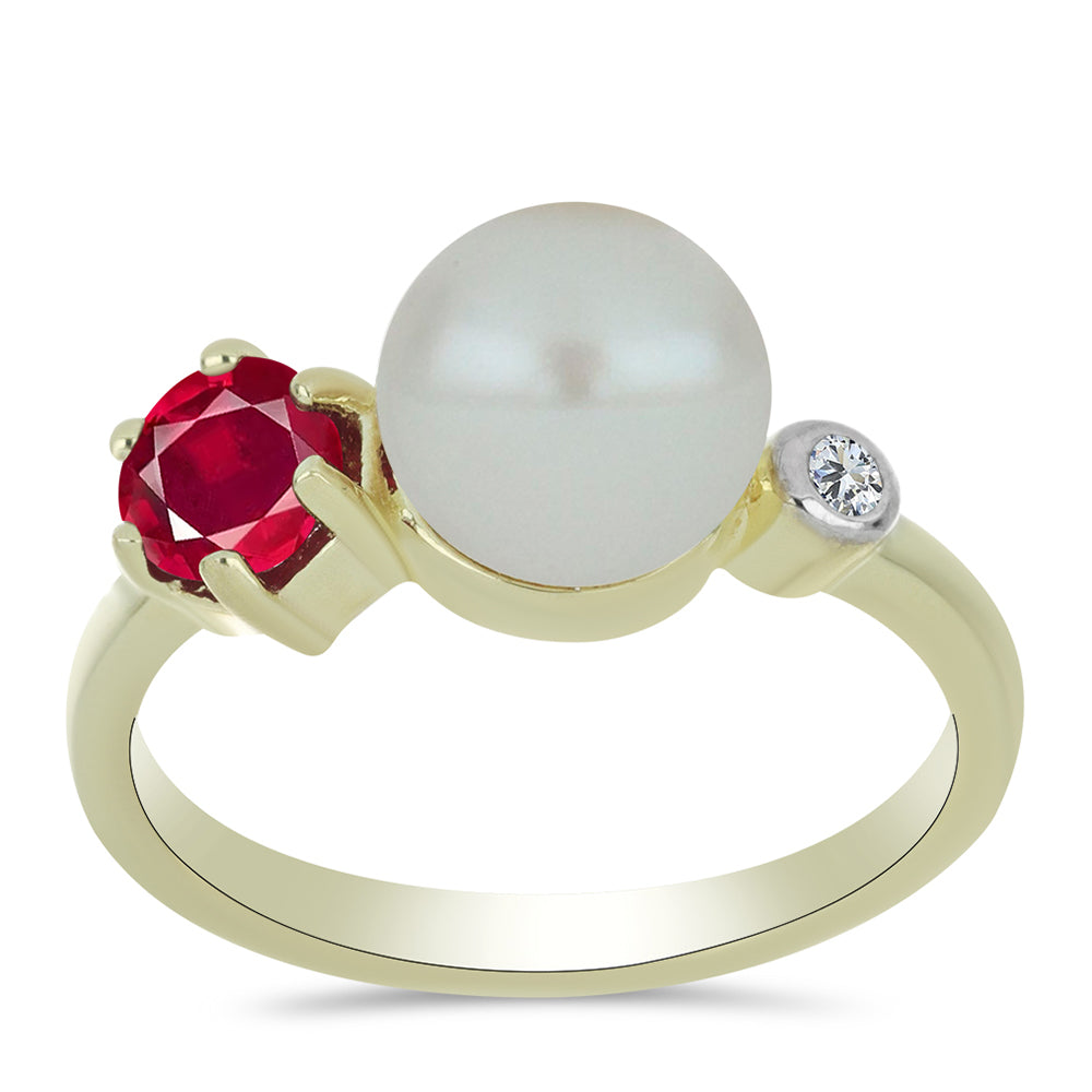 Anillo de Plata Bañada en Oro con Perla de Agua Dulce y Rubí de Madagascar