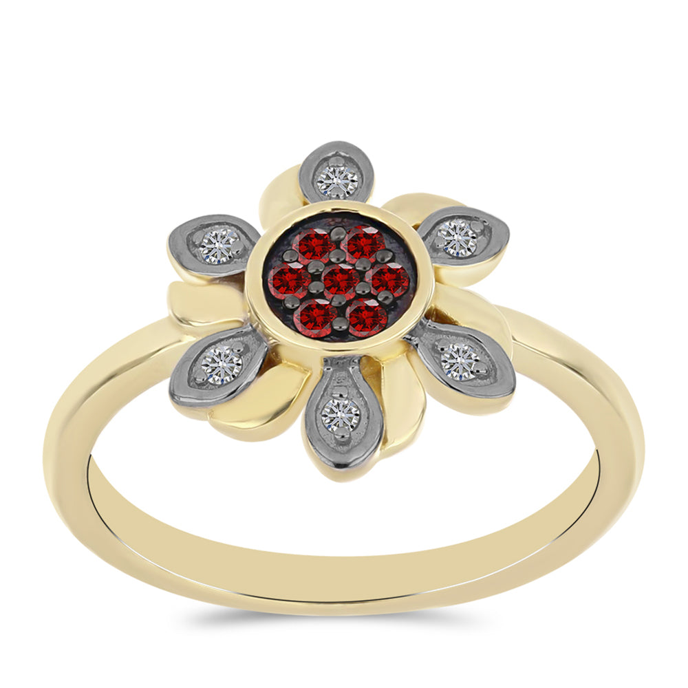 Anillo de Plata Bañada en Oro con Diamante Rojo y Diamante blanco