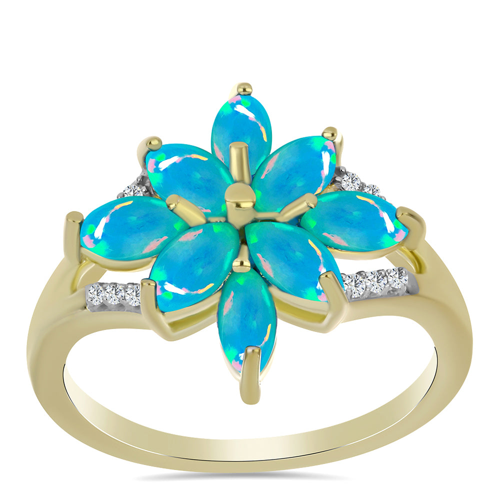 Anillo de Plata Bañada en Oro con Ópalo Azul Paraiba de Etiopía y Topacio Blanco