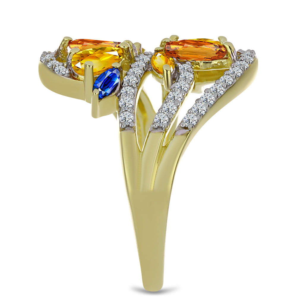 Anillo de Plata Bañada en Oro con Zafiro Arco Iris Rosebery y Topacio Blanco