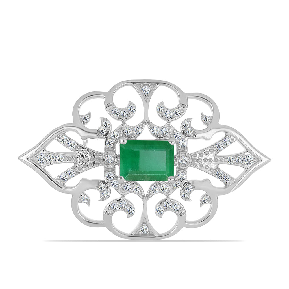 Broche de Plata con Esmeralda de Brasil y Topacio Blanco 3