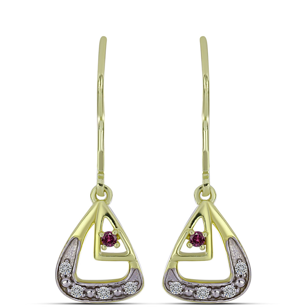 Pendientes de Plata Bañada en Oro con Diamante Púrpura y Diamante blanco