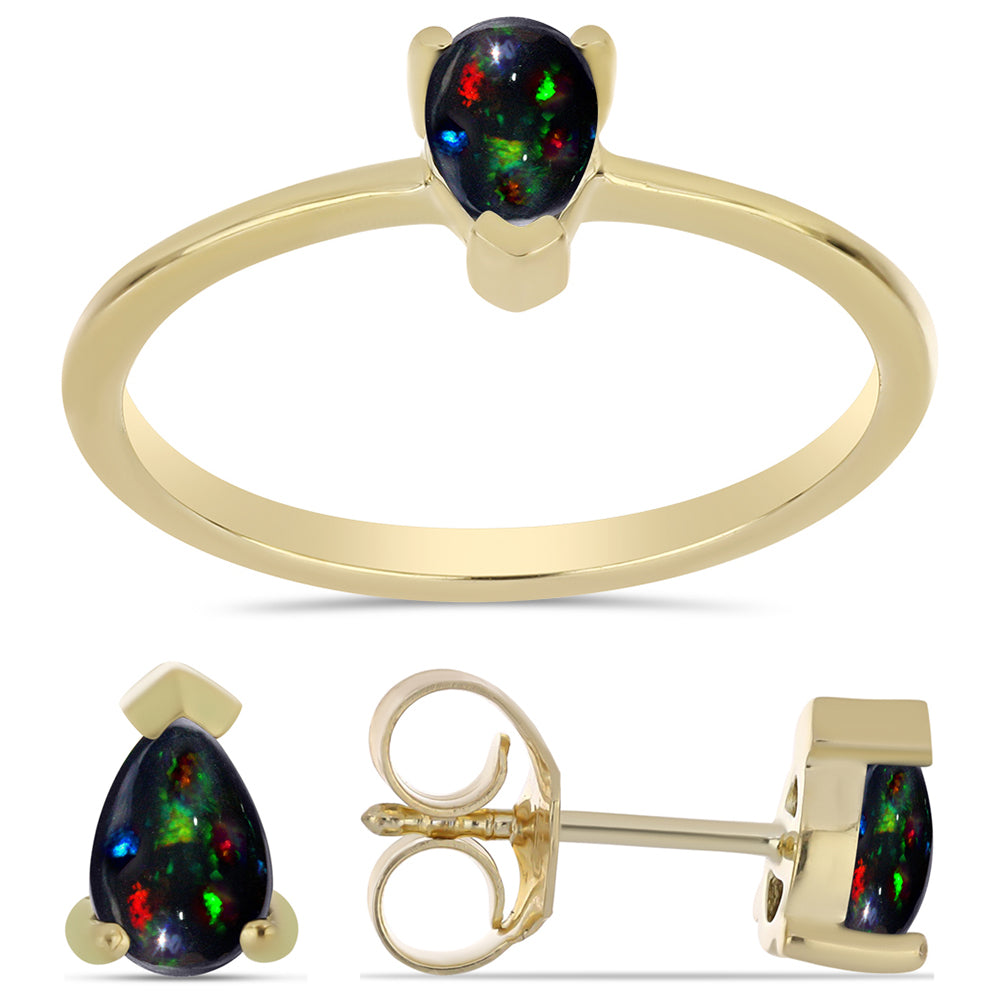Conjunto de Plata Bañada en Oro con Ópalo negro medianoche Lega Dembi de Ëtiopía ( Pendientes +Anillo )