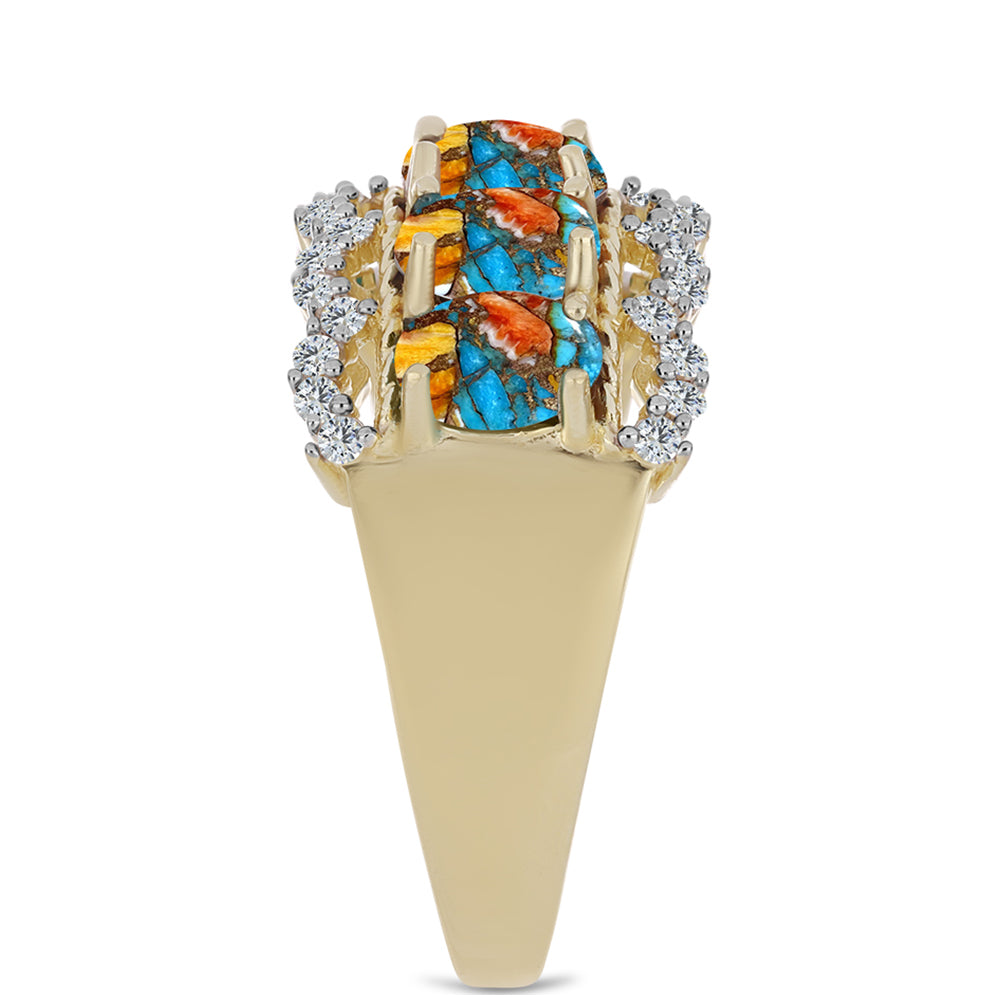 Anillo de Plata Bañada en Oro con Turquesa Ostra y Topacio Blanco