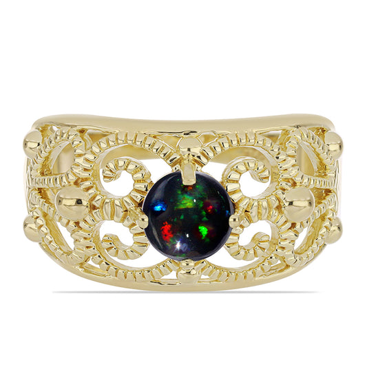 Anillo de Plata Bañada en Oro con Ópalo negro medianoche Lega Dembi de Ëtiopía
