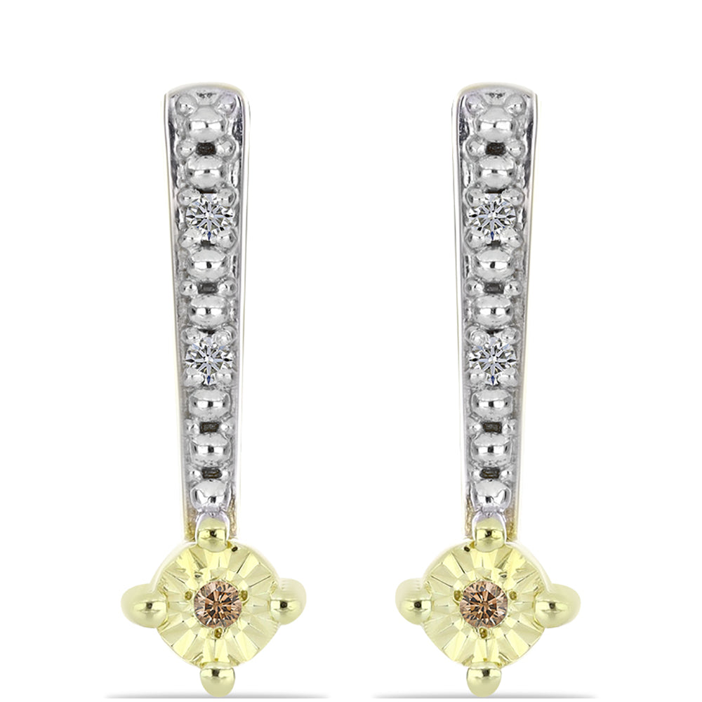 Pendientes de Plata Bañada en Oro con Diamante Champagne y Diamante blanco