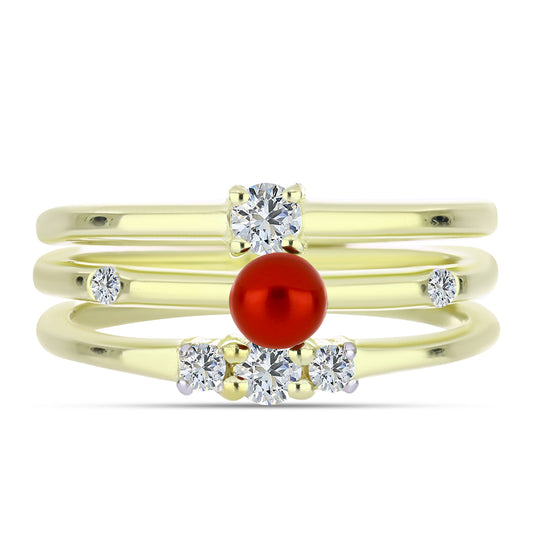 Conjunto de Plata Bañada en Oro con Perla roja de río y Topacio Blanco ( Anillo )