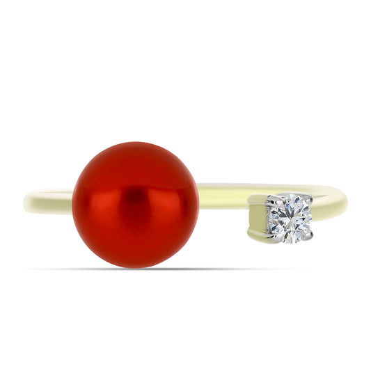Anillo de Plata Bañada en Oro con Perla roja de río y Topacio Blanco