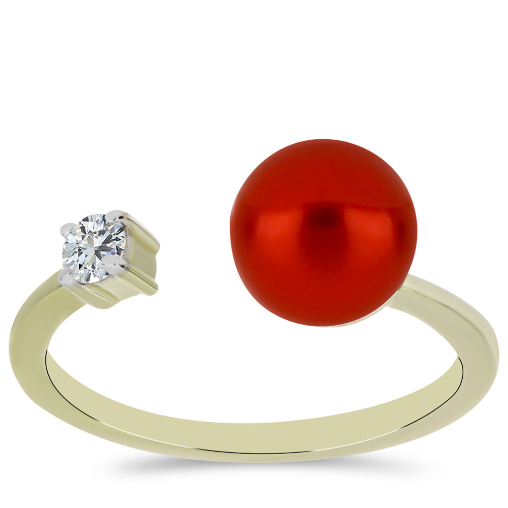 Anillo de Plata Bañada en Oro con Perla roja de río y Topacio Blanco