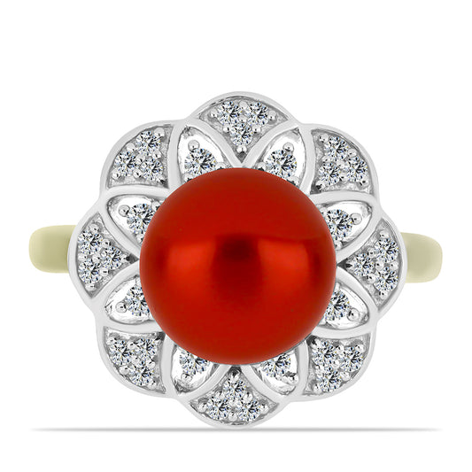 Anillo de Plata Bañada en Oro con Perla roja de río y Topacio Blanco