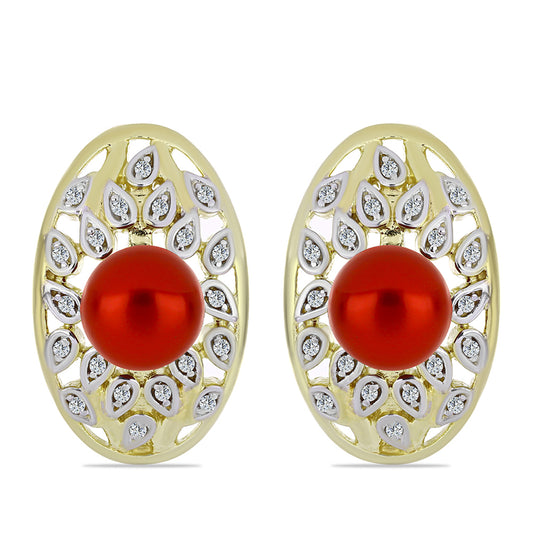 Pendientes de Plata Bañada en Oro con Perla roja de río y Topacio Blanco