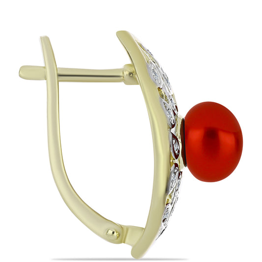 Pendientes de Plata Bañada en Oro con Perla roja de río y Topacio Blanco