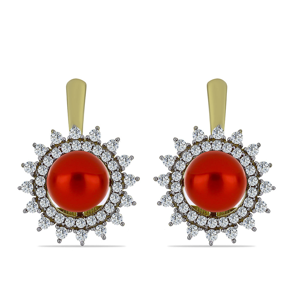 Pendientes de Plata Bañada en Oro con Perla roja de río y Topacio Blanco