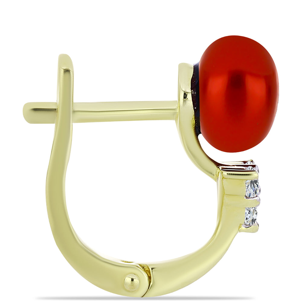 Pendientes de Plata Bañada en Oro con Perla roja de río y Topacio Blanco