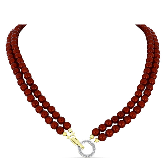 Collar de Plata Bañada en Oro con Perla roja de río y Topacio Blanco