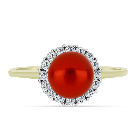 Anillo de Plata Bañada en Oro con Perla roja de río y Topacio Blanco