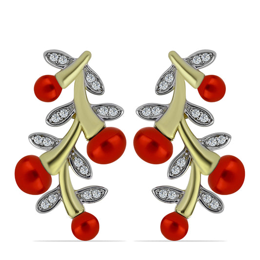 Pendientes de Plata Bañada en Oro con Perla roja de río y Topacio Blanco