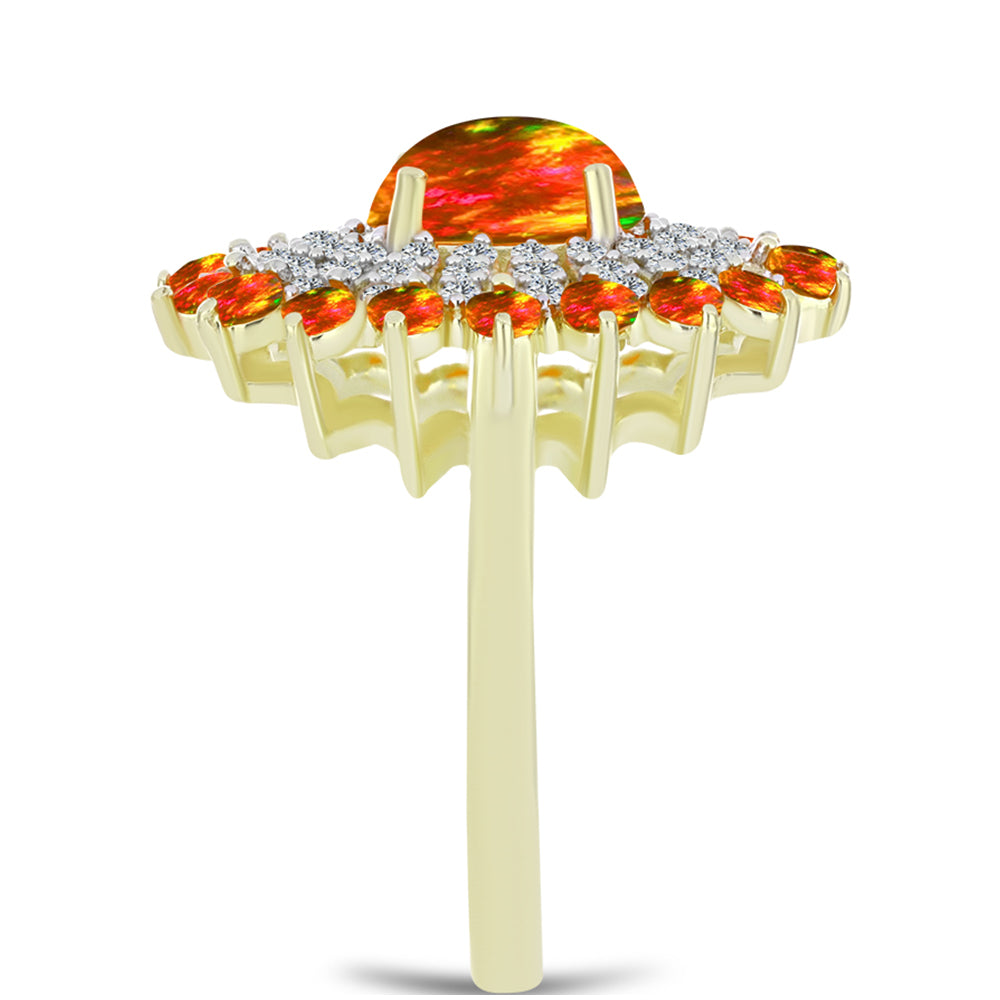 Anillo de Plata Bañada en Oro con Ópalo de fuego americano y Topacio Blanco