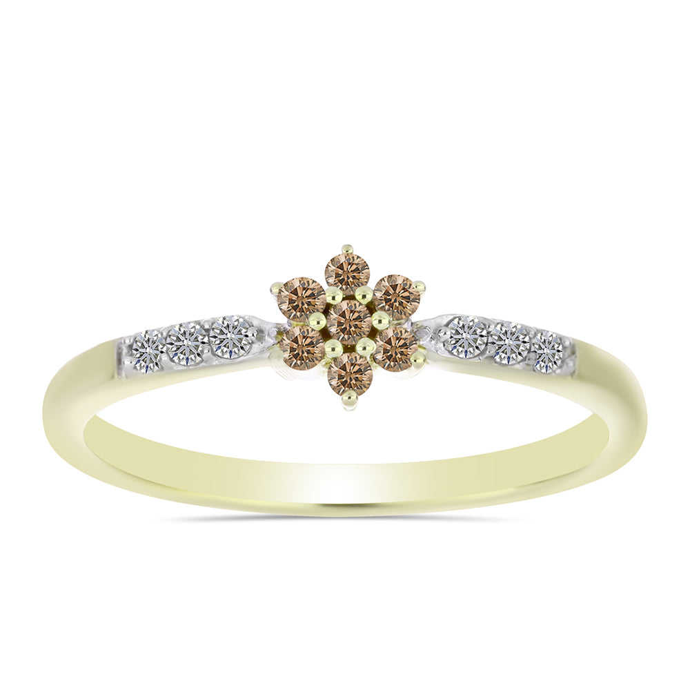 Anillo de Plata Bañada en Oro con Diamante Champagne y Diamante blanco