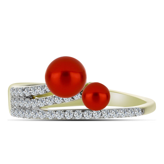 Anillo de Plata Bañada en Oro con Perla roja de río y Topacio Blanco