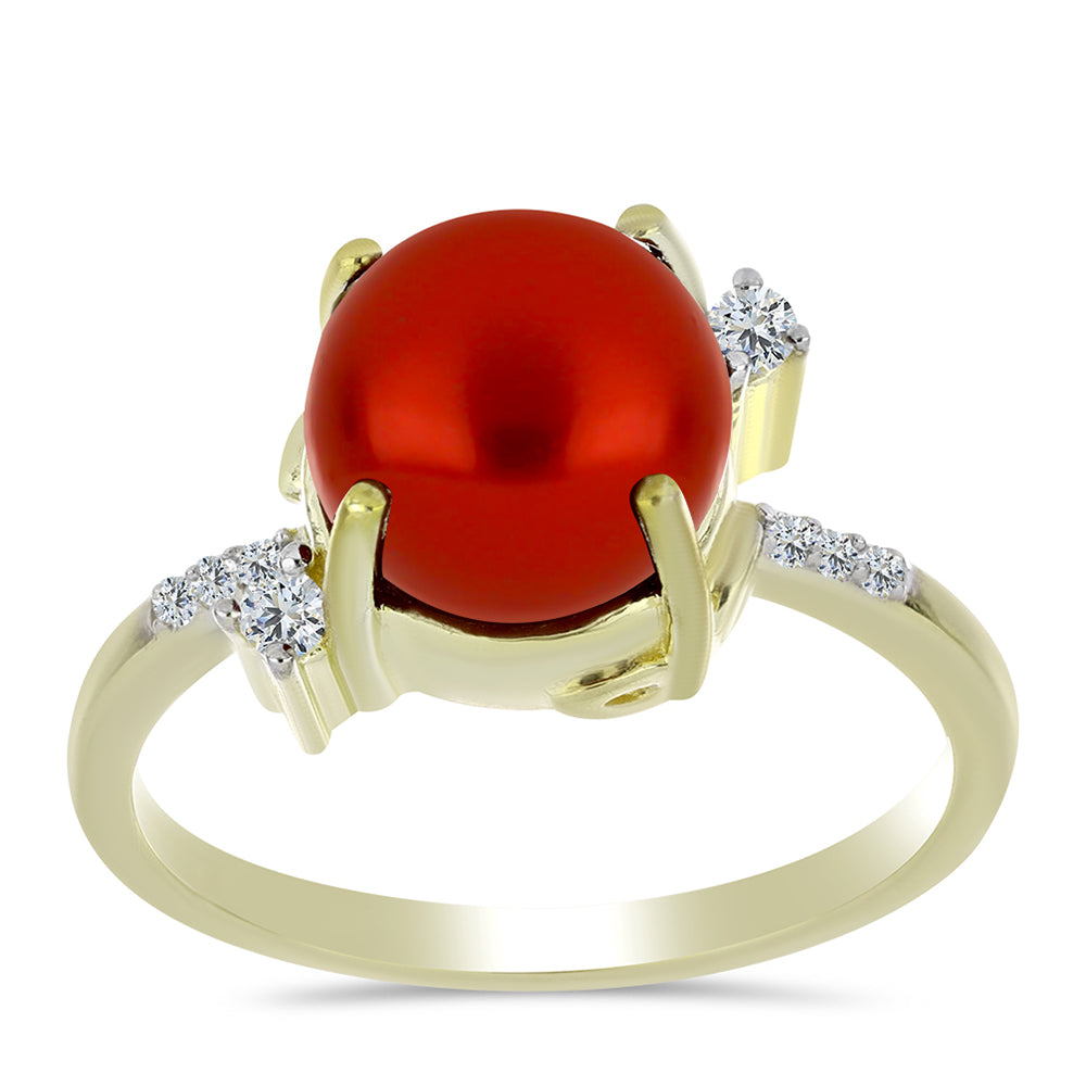 Anillo de Plata Bañada en Oro con Perla roja de río y Topacio Blanco