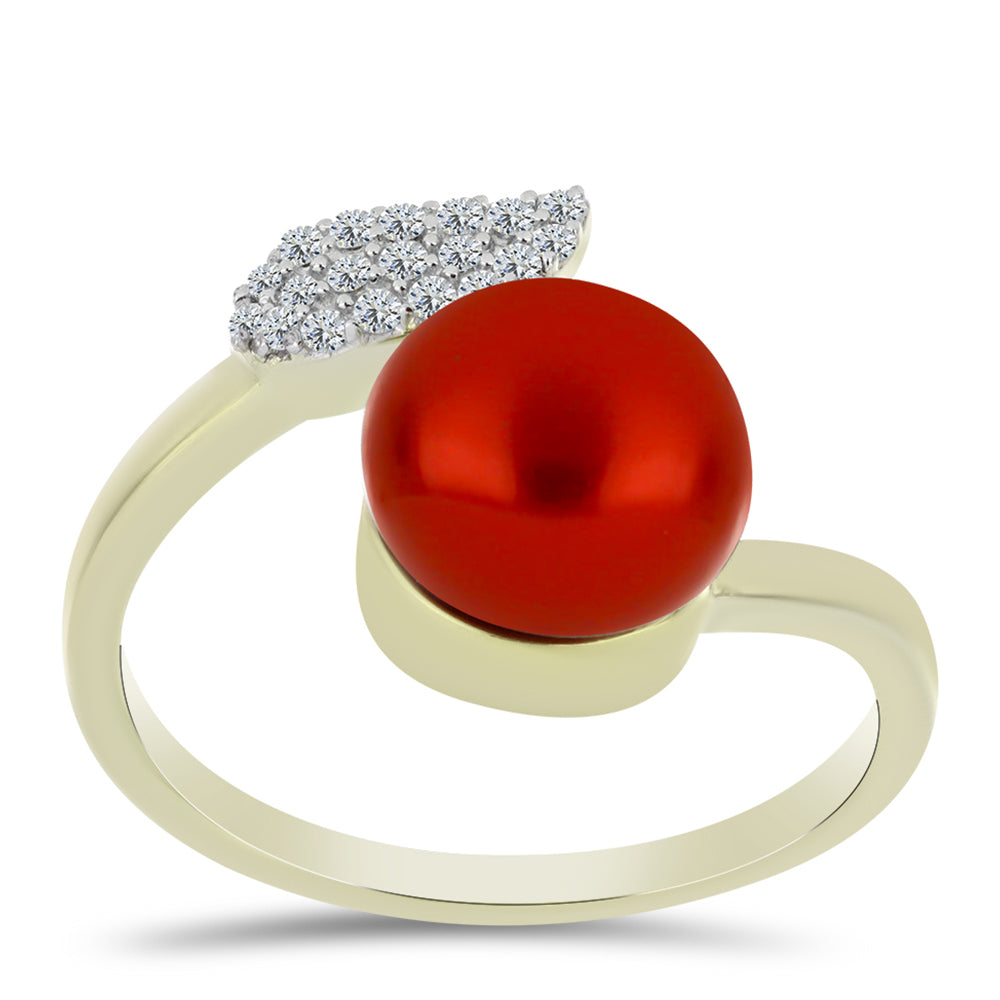 Anillo de Plata Bañada en Oro con Perla roja de río y Topacio Blanco