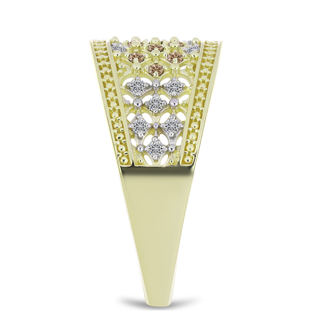 Anillo de Plata Bañada en Oro con Diamante Champagne y Diamante blanco