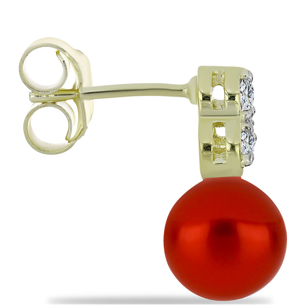 Pendientes de Plata Bañada en Oro con Perla roja de río y Topacio Blanco