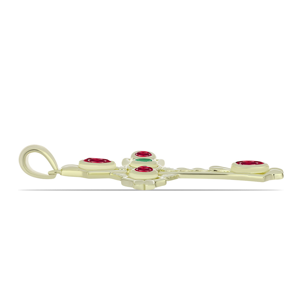 Cruz Colgante de Plata Bañada en Oro con Rubí de Madagascar y Esmeralda de Brasil