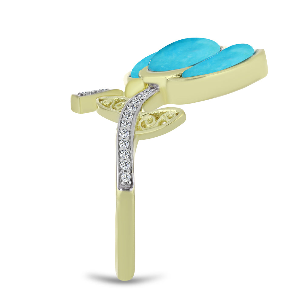 Anillo de Plata Bañada en Oro con Turquesa Bella Durmiente y Topacio Blanco