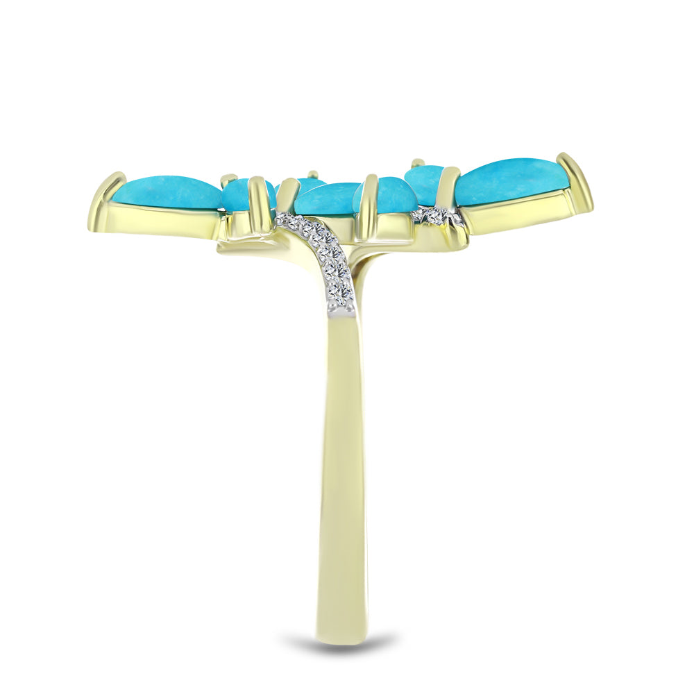 Anillo de Plata Bañada en Oro con Turquesa Bella Durmiente y Topacio Blanco