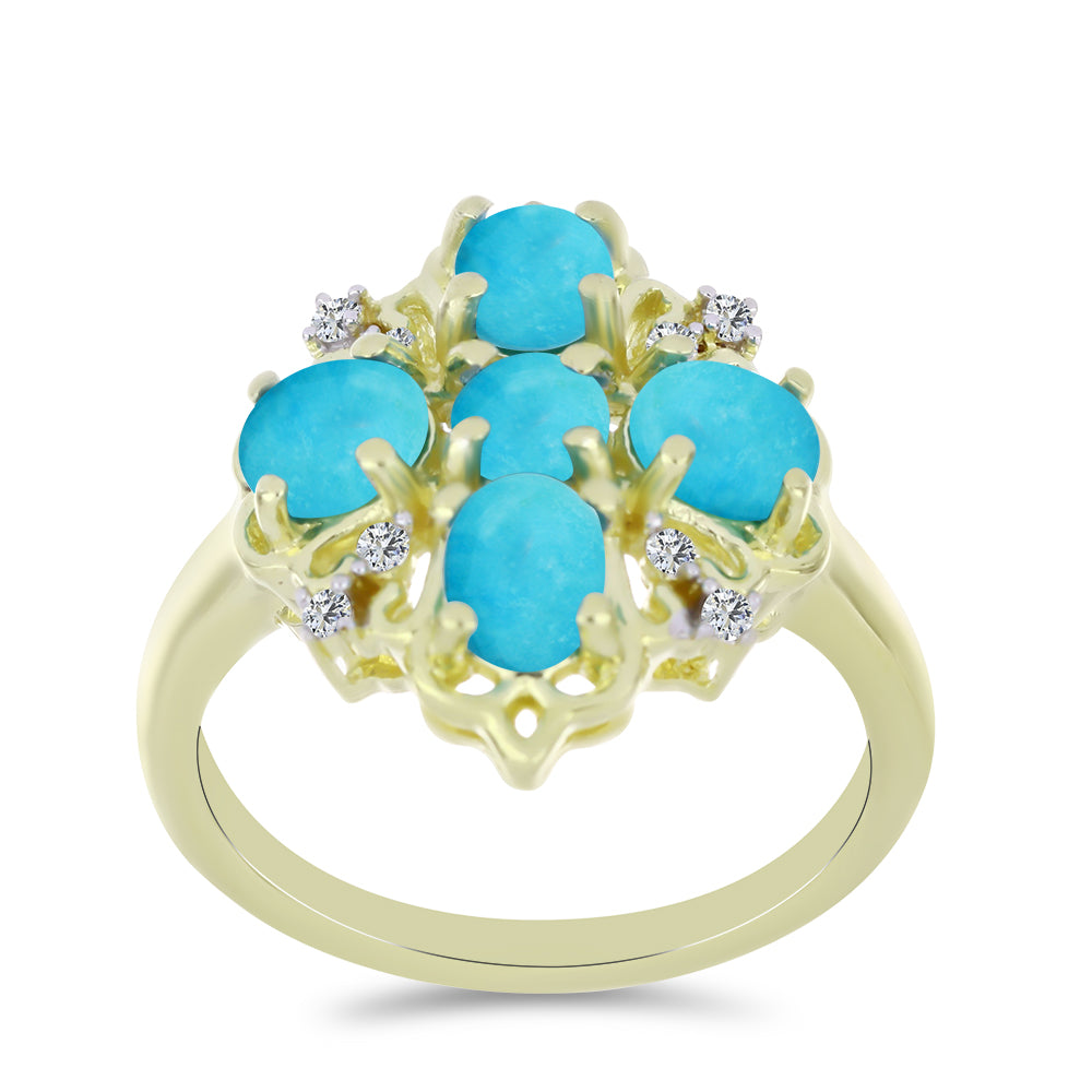 Anillo de Plata Bañada en Oro con Turquesa Bella Durmiente y Topacio Blanco