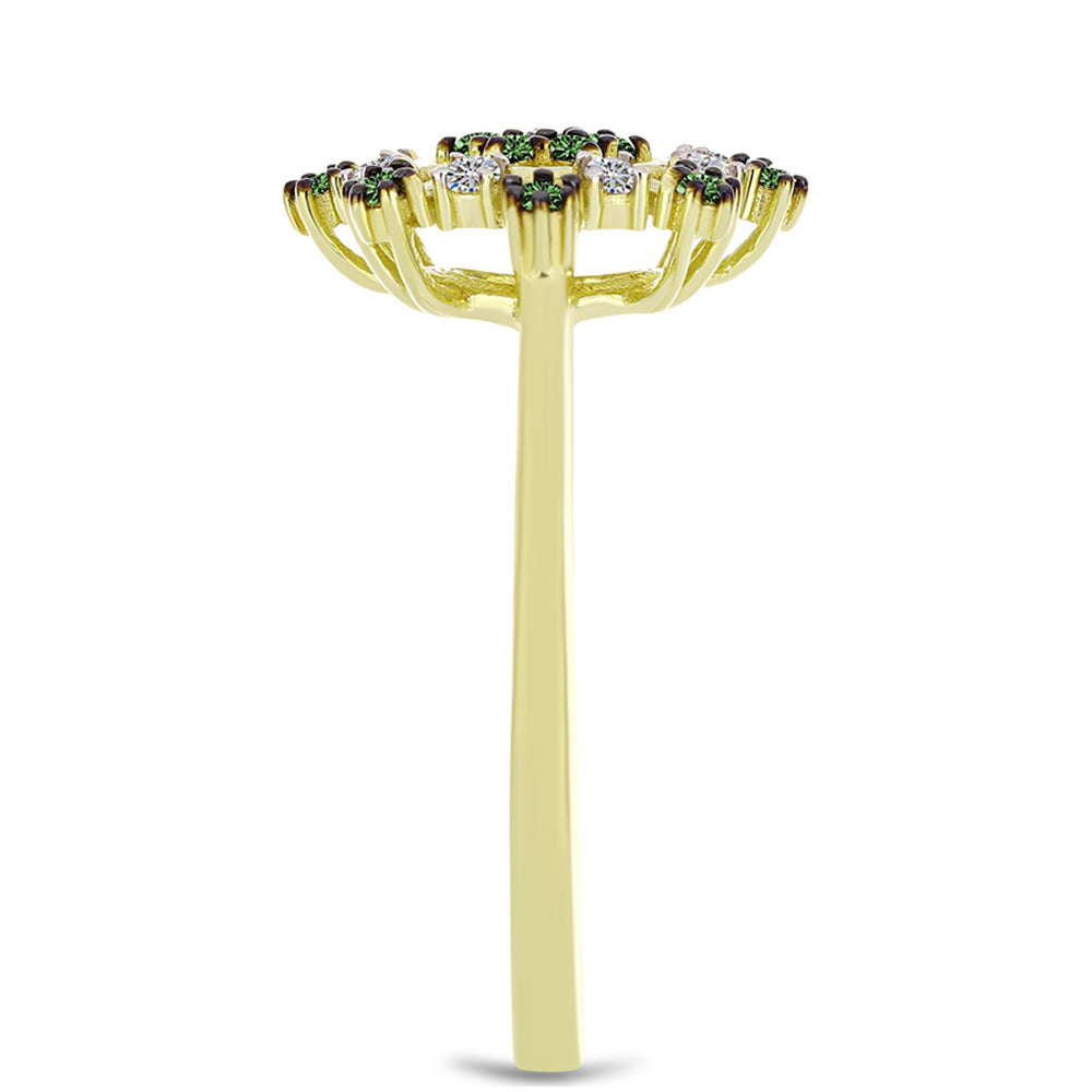 Anillo de Plata Bañada en Oro con Diamante Verde y Diamante blanco